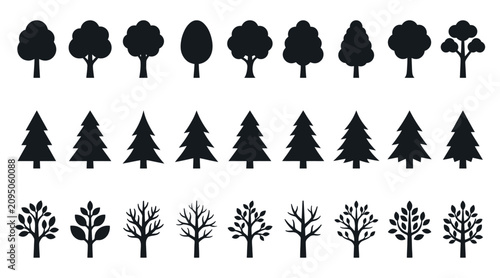 Set of black tree silhouettes collection of different forest trees, conifers, deciduous trees, and leafless trees for design elements