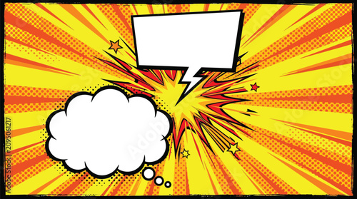 Blank comic book speech bubbles with vibrant sunburst rays and pop art style halftone dots