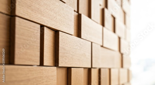 Angled close-up of light-wood, textured wall with geometric blocks