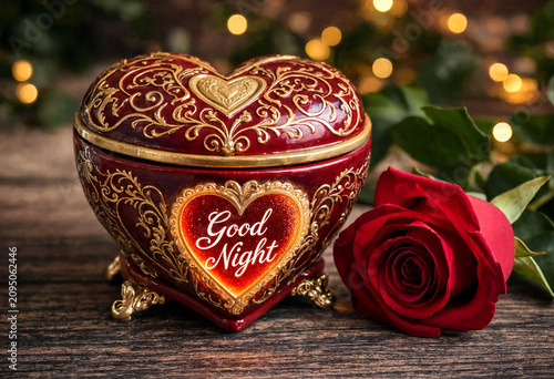 Beautiful decorative heartshaped box with good night message and red rose on wooden table