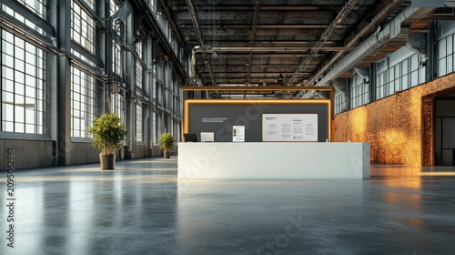 Modern reception desk in a spacious industrial-style building with large windows, polished concrete floors, and exposed brick walls.