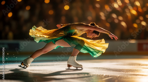 Graceful Female Figure Skater Performing a Dramatic Artistic Routine in a Golden Sparkly Dress on Ice Arena Under Warm Spotlight