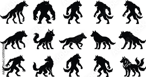 Foto Black silhouette werewolf and wolf graphics for Halloween or fantasy designs