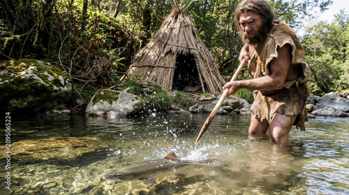 A focused Neanderthal hunter wearing animal skins spears a large fish in a shallow river near his primitive hut, illustrating prehistoric survival and ancient fishing techniques.