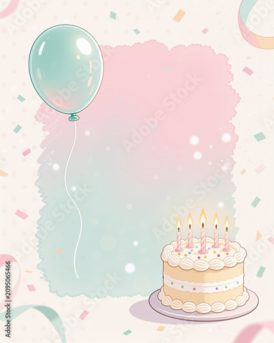 Illustration for a birthday celebration in a soft, pastel style, featuring a cake with lit candles and a balloon against a cream background with confetti.
