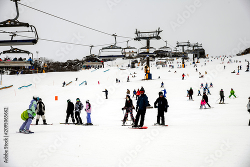 Skiers and Snowboarders on the Snowy Slopes of Perisher Valley