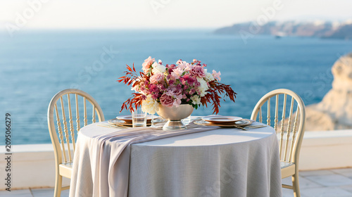 Elegant seaside dining table with floral centerpiece overlooking the coast at sunset