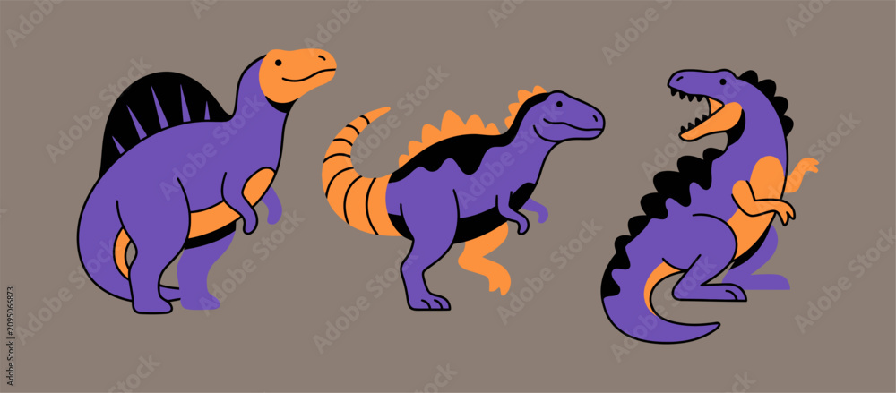Fototapeta premium Trio of dinosaur characters in flat design featuring vibrant purple and orange color palettes.