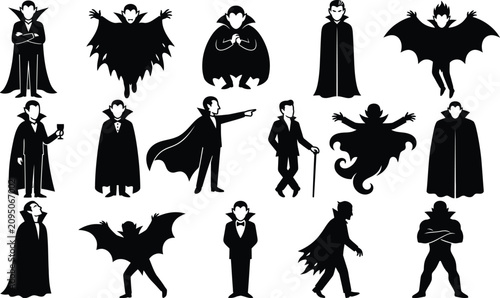 Konstfotografi Set of black silhouettes of vampires in various poses for Halloween designs