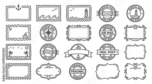 Black and white vintage maritime stamps set featuring lighthouse sea waves anchor palm trees compass and coastal mail themes for stationary and scrapbooking.