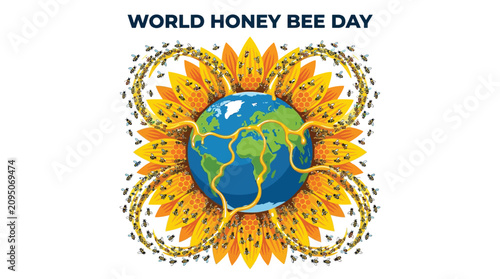 Vibrant world honey bee day graphic featuring a bright sunflower and earth with golden honey