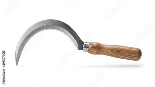 Traditional metal sickle with wooden handle isolated on white background.
