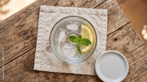 Top view of cold water glass with lemon mint and ice on wood