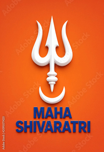 Hindu trident symbol trishul with maha shivaratri text on vibrant orange background