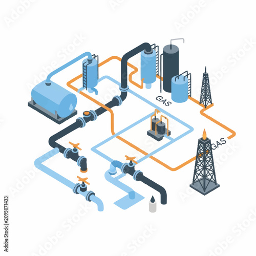 Oil and gas extraction and processing facility illustration.