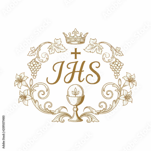 Ornate religious emblem with chalice and IHS monogram.