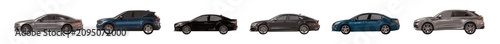 side view of unbranded modern cars in parking lot lighting isolated png on a transparent background premium cutout (car cutouts, automotive assets)