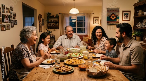A multi-generational family gathers around a warmly lit dining table, sharing a festive meal and laughter, creating a heartwarming scene of togetherness and tradition.