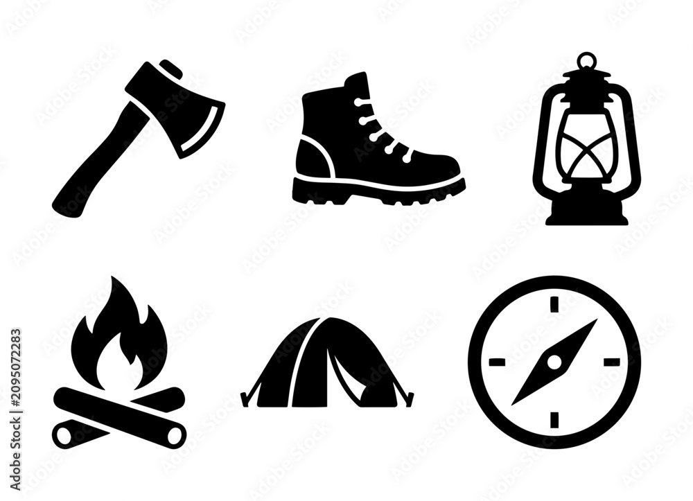 Obraz premium 6 Camping Silhouette Icons for Outdoor Adventure and Travel
