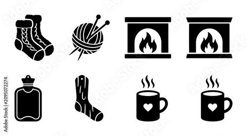 Canvastavla Cozy Winter Icons: Socks, Fireplace, Yarn, Hot Water Bottle, Mugs for Comfort