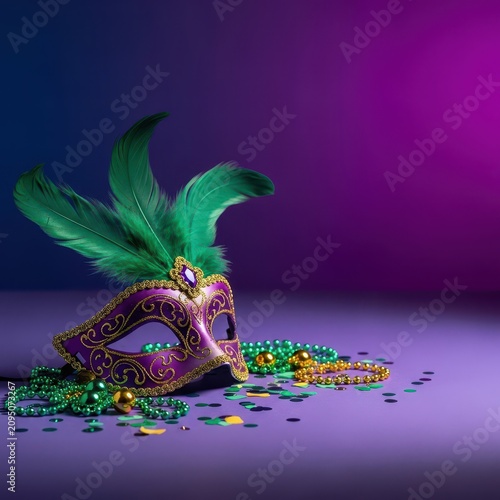 Festive arrangement of ornate purple and gold masks adorned with emerald feathers resting among scattered beads and shimmering confetti, jewelry, metallic, gold