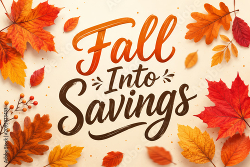 Seasonal Sale. Fall into Savings typography with autumn leaves. Autumn sale marketing banner.