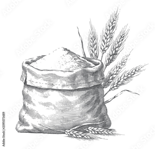 Foto Flour sack with wheat ears illustrated in vintage engraving style