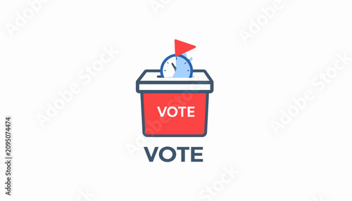 Blue and red ballot box icon with vote text.