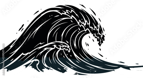 Obraz na plátne A dramatic illustration of a large, dark, crashing wave with smaller waves in the foreground, rendered in a bold, graphic style