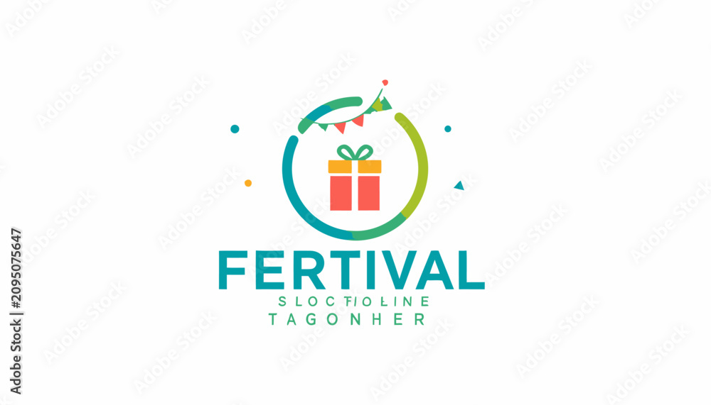 Fototapeta premium Fertival logo with gift box and festive elements.