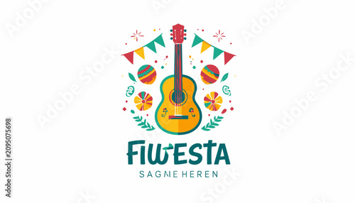 Fiesta celebration logo with guitar and maracas.