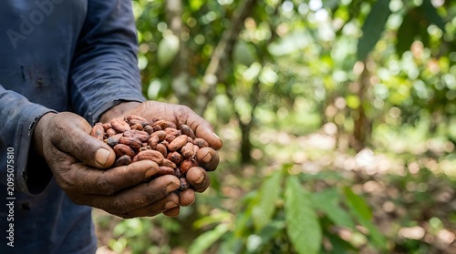 Farmer's hands holding freshly harvested cacao pods in tropical plantation, agricultural production and sustainable farming concept for food industry and commerce.