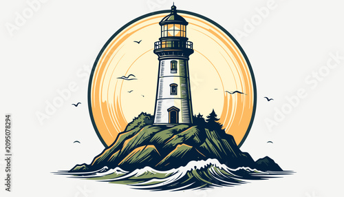 Vintage lighthouse illustration on rocky coastal island.