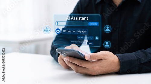 A person using a smartphone to interact with an advanced artificial intelligence assistant interface for seamless digital communication