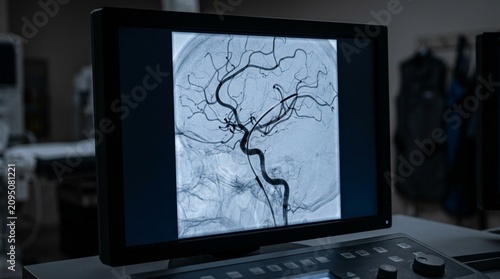 Digital subtraction angiography image displayed on a fluoroscopy monitor during catheter navigation | Medical Procedure Stock Photo