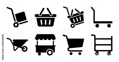 Shopping and delivery cart icon set for e-commerce and logistics outline, solid and color styles, white background
