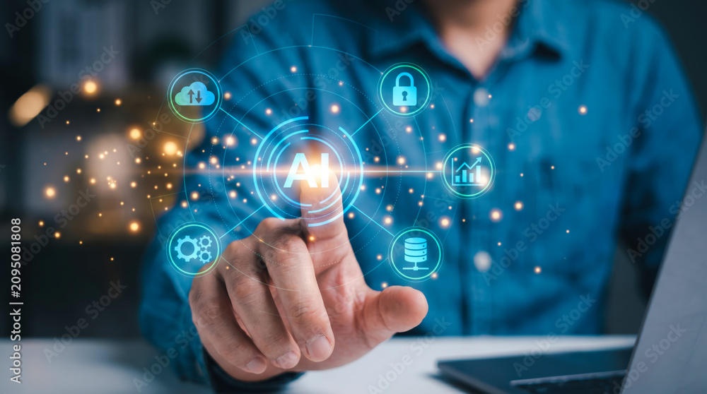 Fototapeta premium Person Interacting With Artificial Intelligence Interface Featuring Digital Icons For Cloud Computing And Data Security Solutions