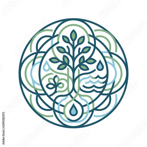 Circular nature logo featuring a tree water and waves.
