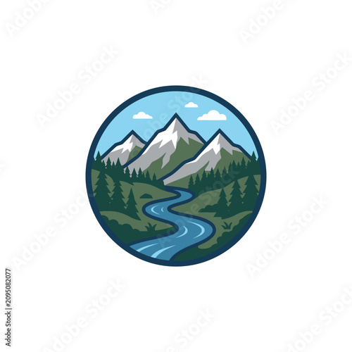 Circular nature landscape badge with mountains and river.