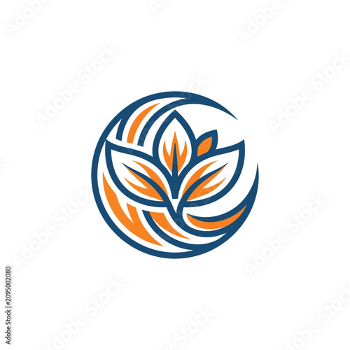 Circular nature logo featuring stylized orange blue leaves.