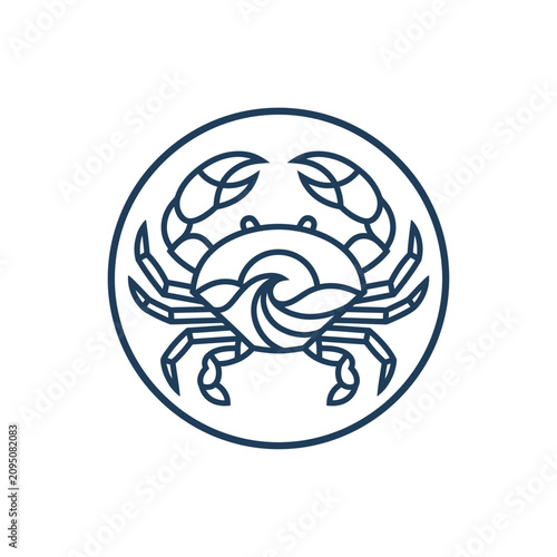 Circular navy blue crab line art logo.