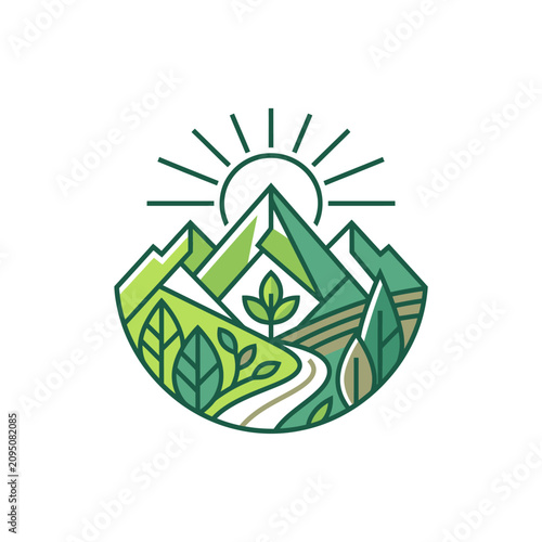 Circular nature logo with sun mountain path and leaves.