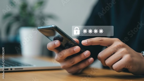 Person typing password on smartphone with laptop and plant in background securely