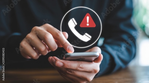 Person holding phone with warning symbol and phone icon on screen display