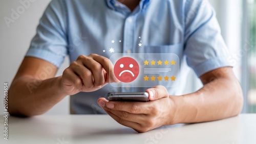 Man holding phone with unhappy face rating and yellow stars on screen display