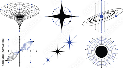 Minimalist vector illustration set featuring black and blue cosmic geometric symbols including star shapes, orbital paths, and mathematical grid graphs.