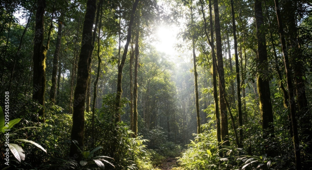 Obraz premium Lush green rainforest canopy with sunlight streaming through the trees.