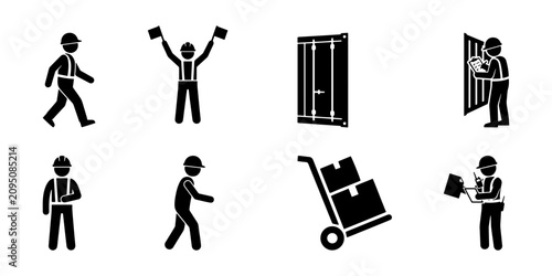 8 Construction Worker Silhouette Icons, Flat, for Logistics and Industrial Use