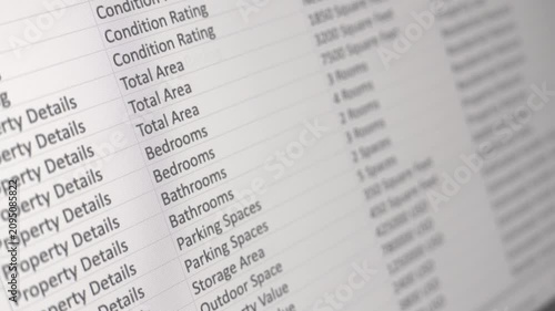 Real estate property database spreadsheet on computer screen with housing market analytics