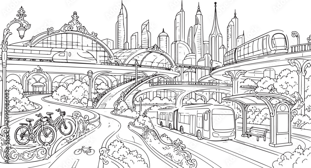 Fototapeta premium City landscape. Line urban backdrop, different buildings on street, doodle street draw, outline cityscape hand sketch, flat houses. Hand drawn vector illustration
